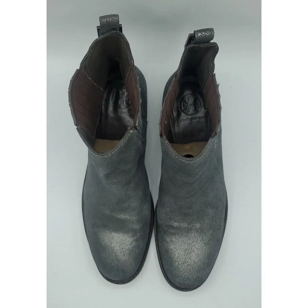 Tory Burch Wade Chelsea Gray Silver Shimmer Leather Ankle Boot Women's 9M /40